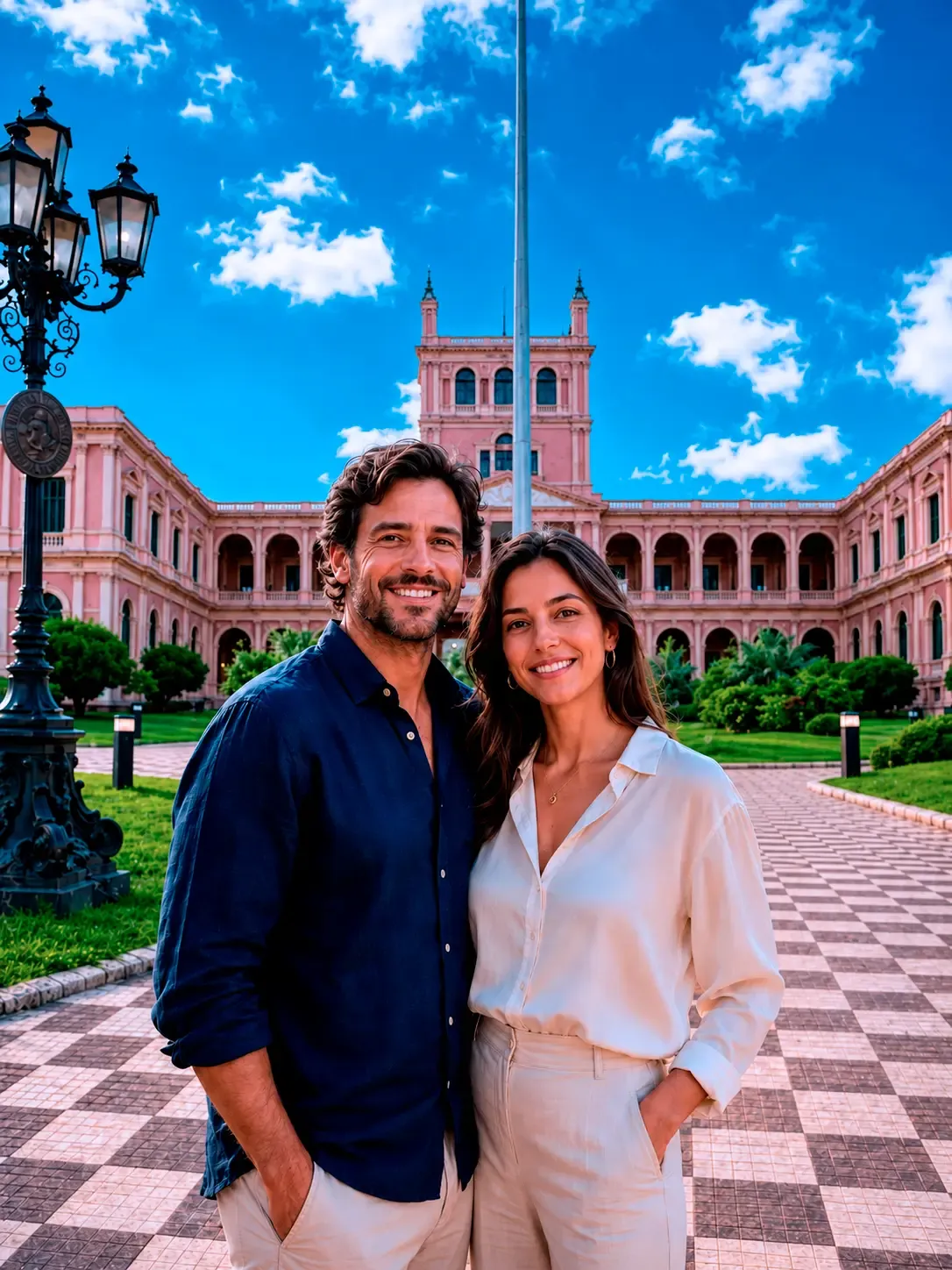 Casal brasileiro em frente ao Palácio de Los López, em Assunção